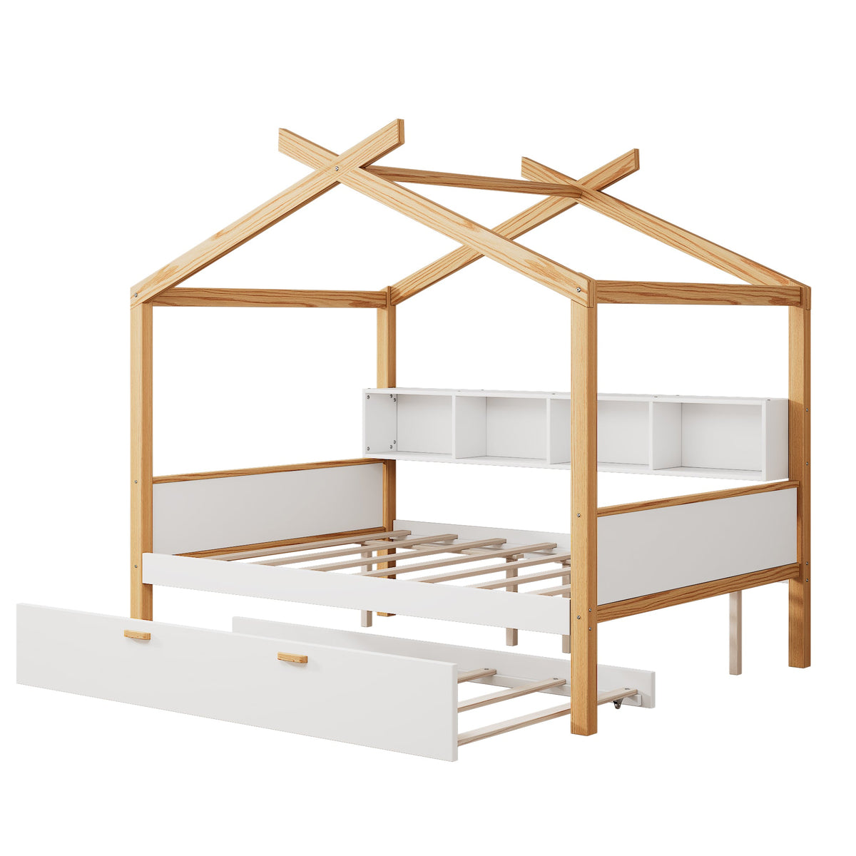 Roomfitters Full Size Wooden House Bed with Trundle and Bookshelf Storage, Solid Wood Frame for Guest Room, White Roomfitters