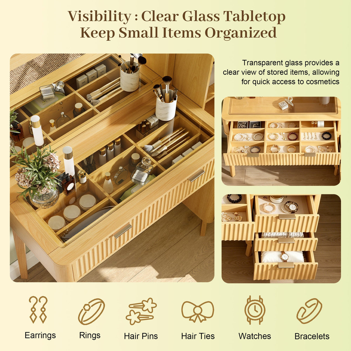 Roomfitters 48-Inch Fluted Makeup Vanity Desk with Arched Tower Glass Cabinet and Built-In Power Charging Station Natural Roomfitters