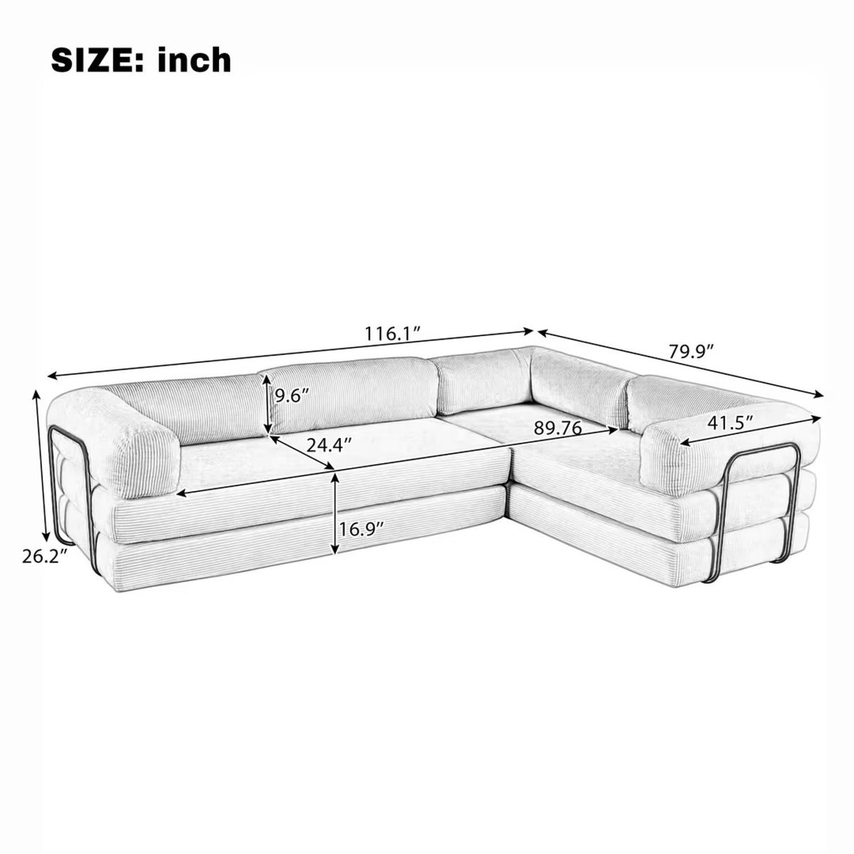 variant-group:rf-n711wy000463aae|Roomfitters Modern L-Shaped Modular Sofa Bed, Corduroy Convertible Sleeper Sectional Couch with Industrial Metal Frame, Grey