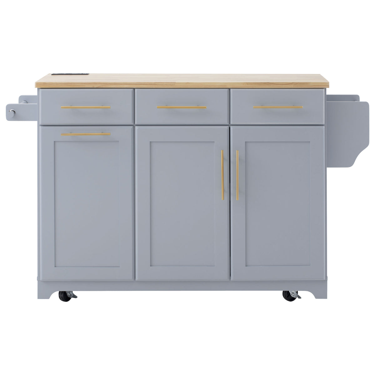 variant-group:rf-n707s299014g|Roomfitters 59.3" Kitchen Island with Power Outlet, Drop Leaf and Double Trash Can Pull Out, Rolling Cart, Grey+Blue