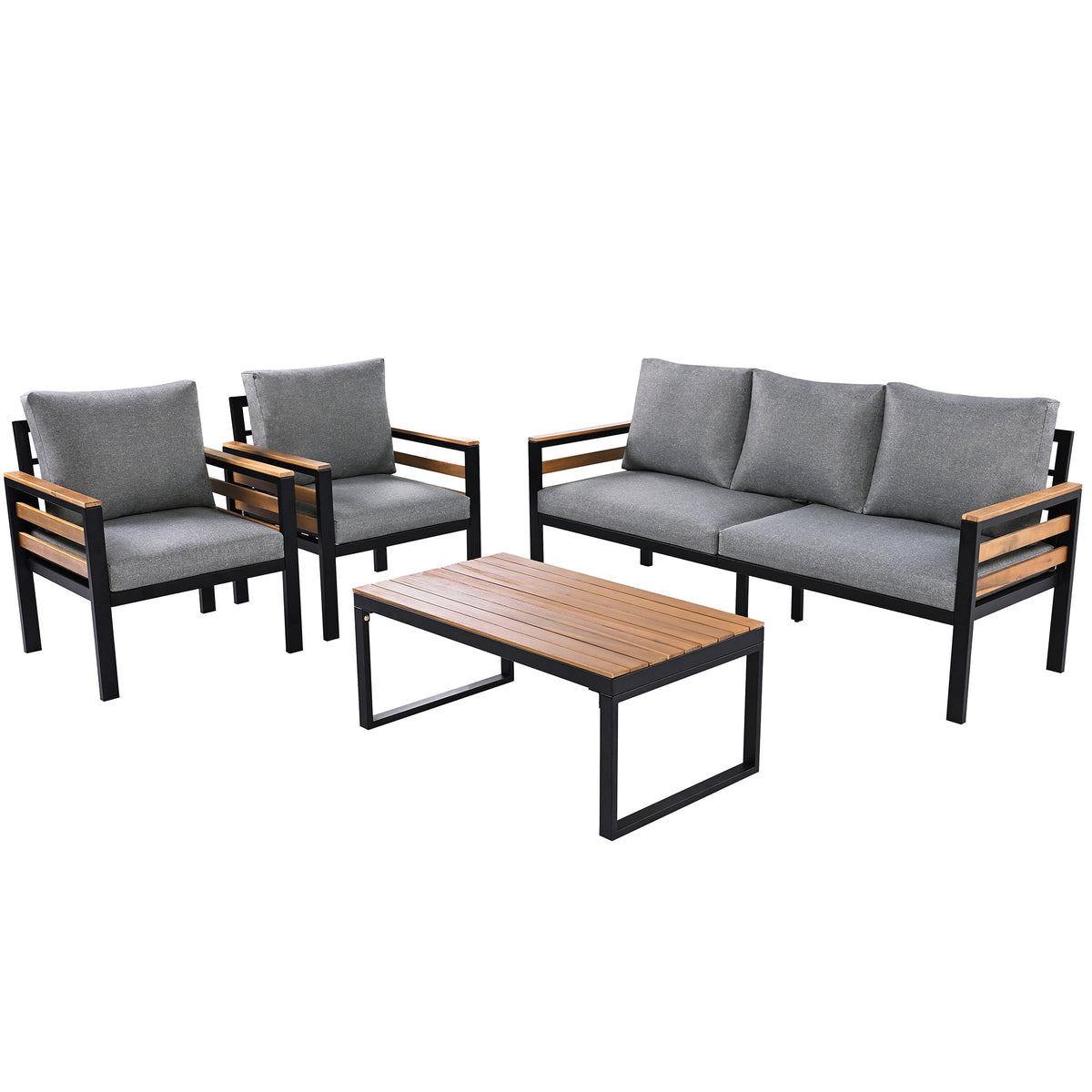 variant-group:rf-n704f201246e|Roomfitters 4-Piece Outdoor Patio Furniture Set with 3-Seater Sofa, 2 Armchairs and Coffee Table, Wood Accents, Grey