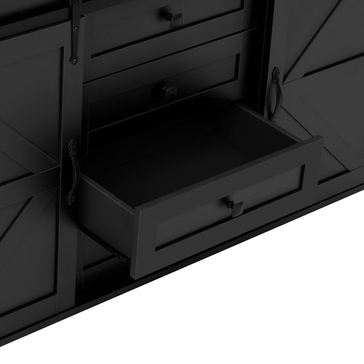 variant-group:rf-n711p347377b|Roomfitters 55.1" Storage Cabinet with 4 Drawers and Sliding Barn Doors, Farmhouse Sideboard Buffet for Kitchen & Dining, Black