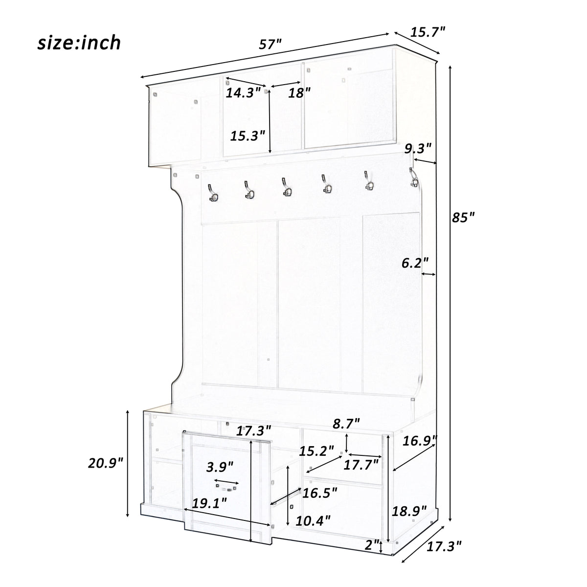 variant-group:rf-n724p264673k|Roomfitters 3-in-1 Hall Tree with 6 Hooks, Coat Rack and Entryway Bench, 57" Organizer with Drawer for Hallway or Living Room, White