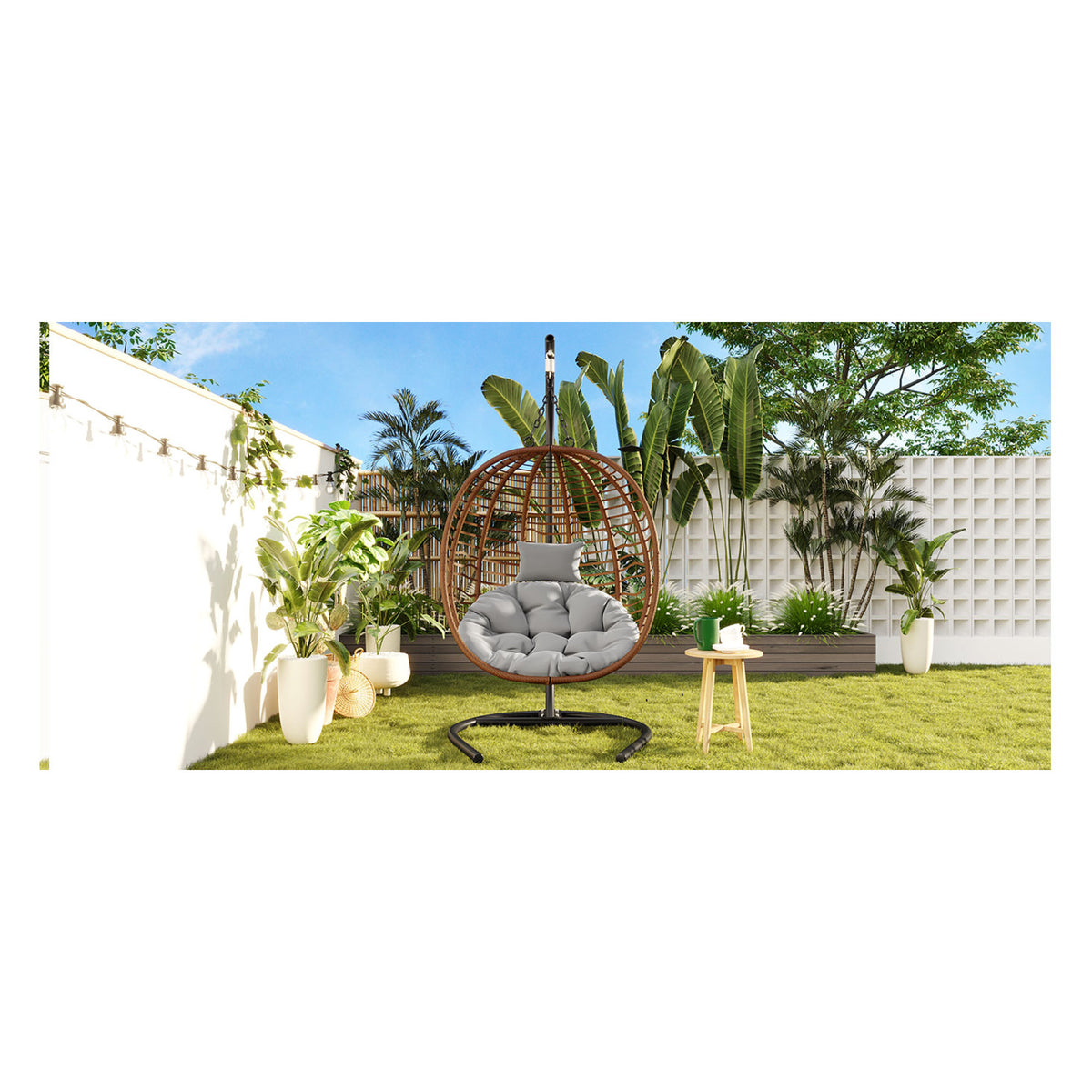 variant-group:rf-n711p389503g|Roomfitters Single Person Folding Egg Chair with Stand, UV Resistant Wicker Rattan Swing for Patio, Garden, Brown+Gray