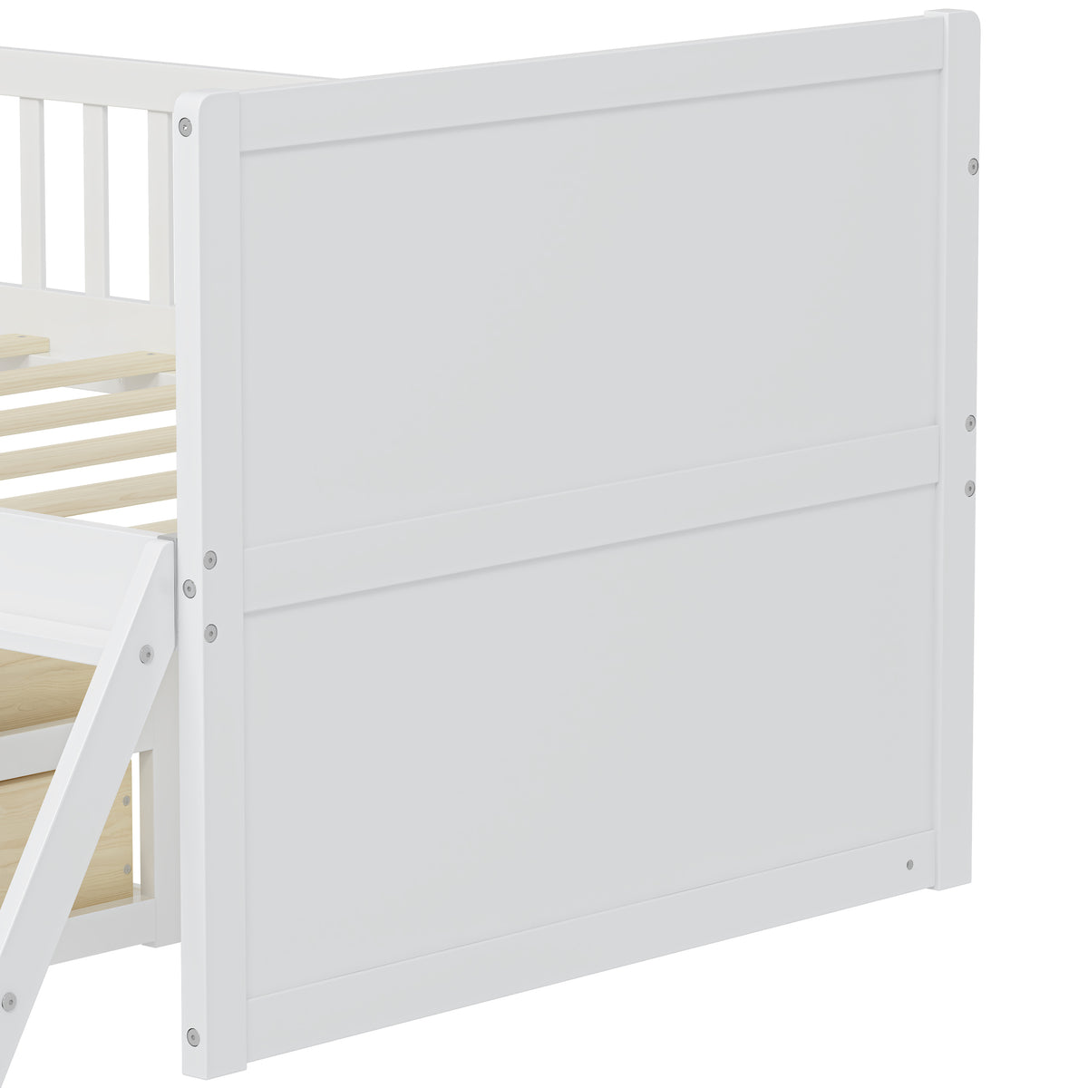 variant-group:rf-n733s278032k|Roomfitters Twin Platform Bed Frame with Four Drawers, Wooden Kids Bed with Guardrail Headboard and Ladder, White