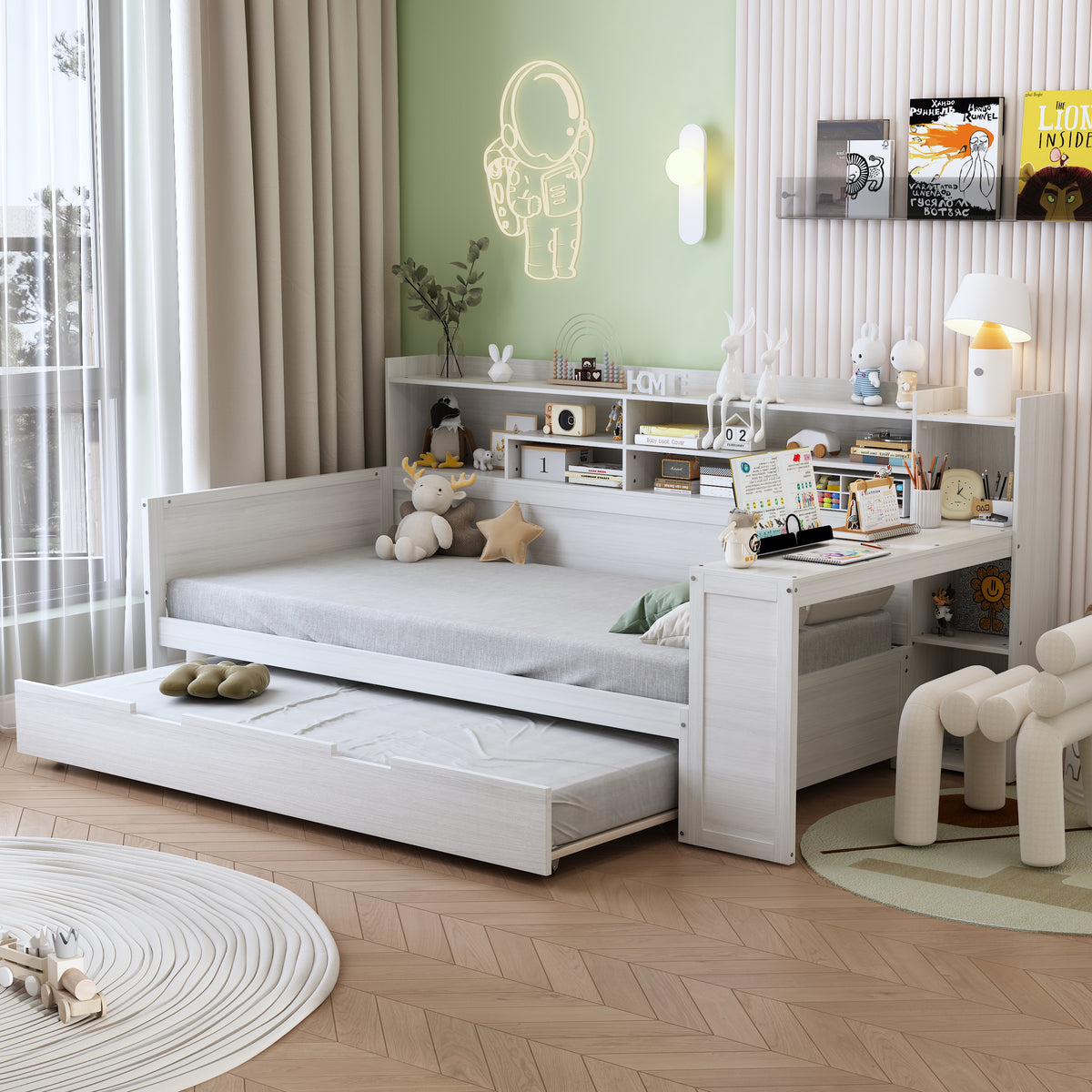 variant-group:rf-n733s373389k|Roomfitters Twin Daybed with Trundle, Storage Shelves and Desk, Wooden Multi-Functional Bed, Antique White