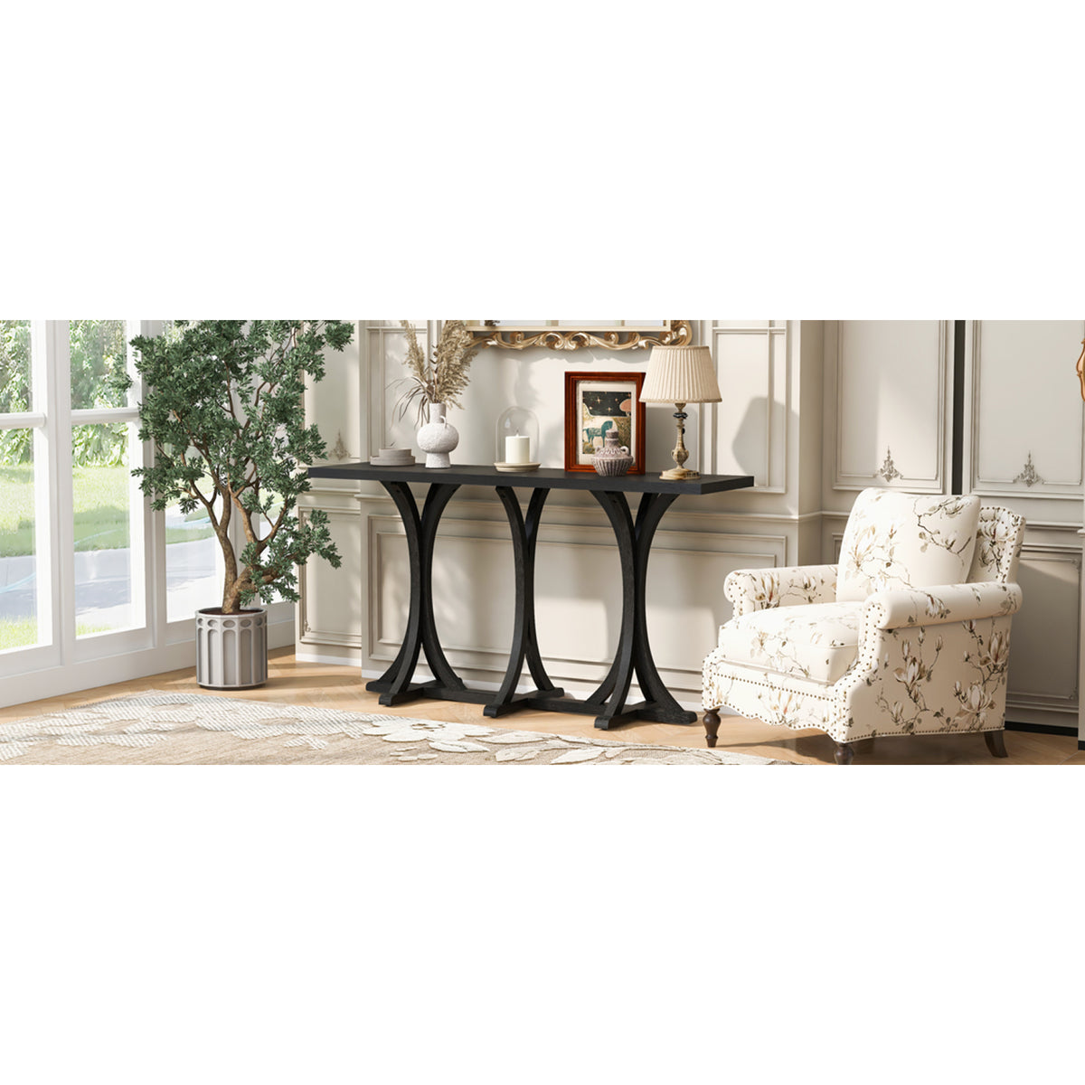 variant-group:rf-n711p295300b|Roomfitters 59.8" Console Table with Oak Veneer Top, Modern Arched Leg Entryway Sofa Table for Hallway & Living Room, Black
