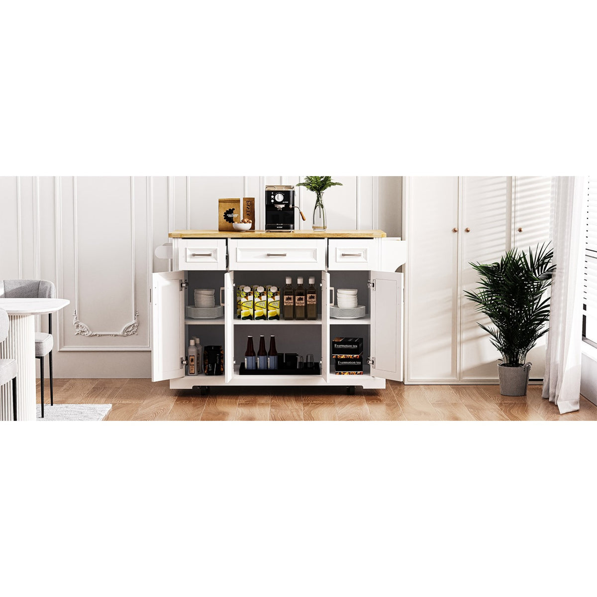 variant-group:rf-n707s195395w|Roomfitters 54" Kitchen Island with Wood Top, Rolling Storage Cabinet with 3 Drawers and 3 Doors, Spice Rack, White