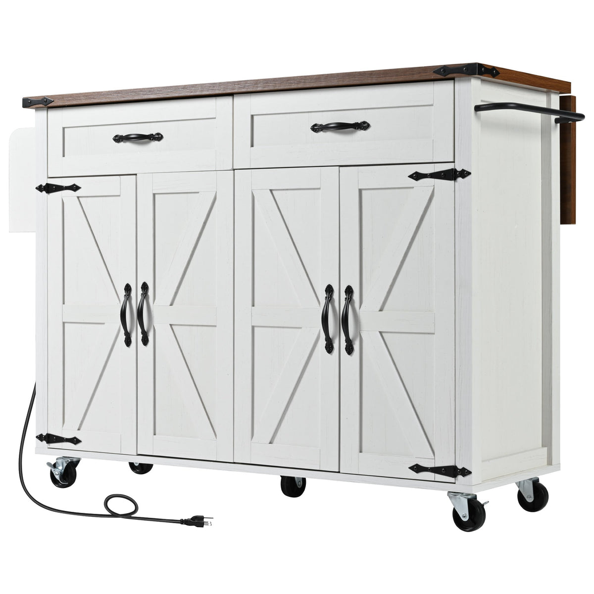 Roomfitters 53.5" Kitchen Island with Power Outlet and Drop Leaf, Rolling Storage Cabinet with Spice Rack, Modern Style, White