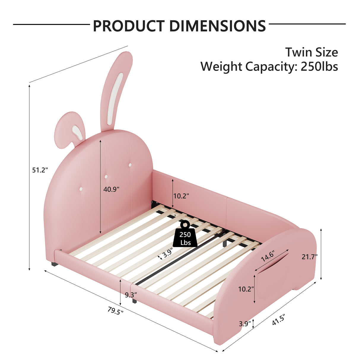 variant-group:rf-n733p198764h|Roomfitters Rabbit-Shaped Princess Twin Platform Bed with Upholstered Headboard and Footboard, Pink