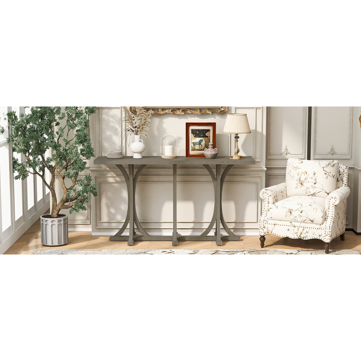 variant-group:rf-n711p295300e|Roomfitters 59.8" Console Table with Oak Veneer Top, Modern Arched Leg Entryway Sofa Table for Hallway & Living Room, Gray