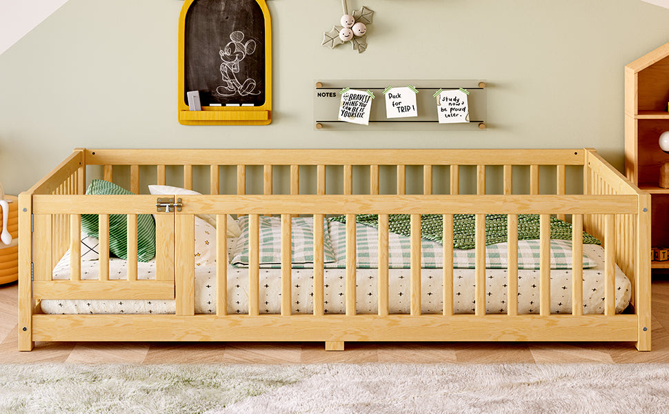 variant-group:rf-w1580p338952|Roomfitters Wooden Full Floor Bed Frame with Door & Safety Guardrails, Low Platform Design for Bedroom or Playroom, Natural