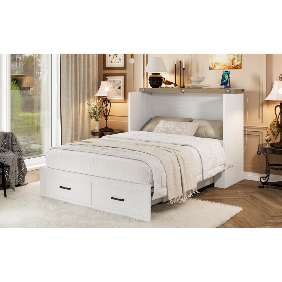 variant-group:rf-n733s293995w|Roomfitters Full Size Murphy Bed Cabinet with Charging Station, Foldable Platform Bed with Storage Drawer, White