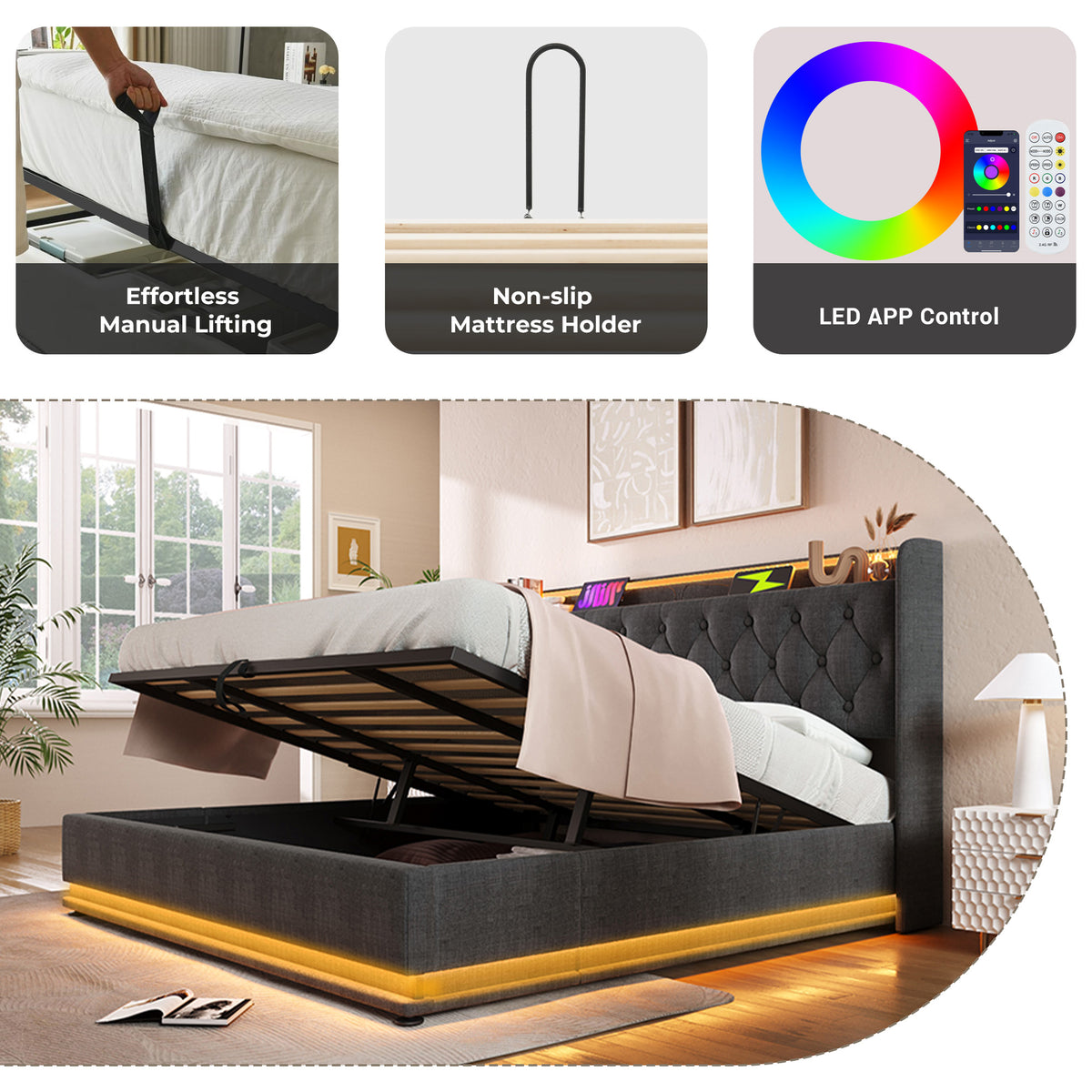 variant-group:rf-n736p188808g|Roomfitters King Size Upholstered Storage Bed with USB Type-C Charging and Remote Control, Linen Gray