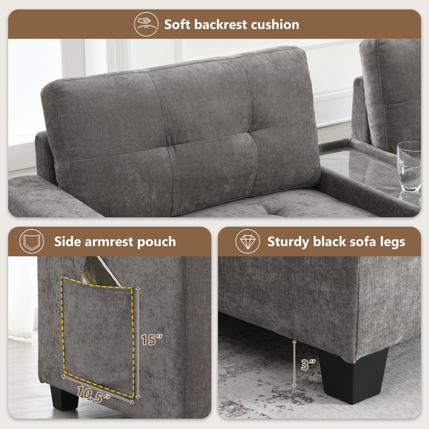 variant-group:rf-n723s1191e|Roomfitters 104 Inch Modular Sectional Sofa with Console and Cup Holders, Upholstered L-Shape Couch for Home Decor, Gray