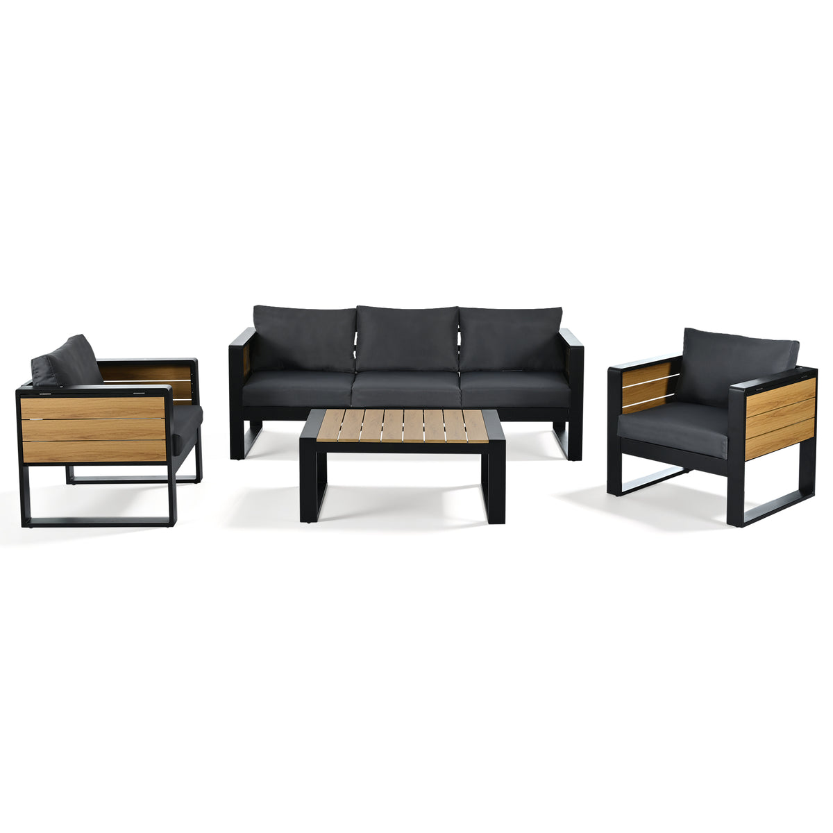 variant-group:rf-n704g201257e|Roomfitters 4-Piece Aluminum Patio Conversation Set with Four Fold-Out Side Trays and Slatted Coffee Table Gray