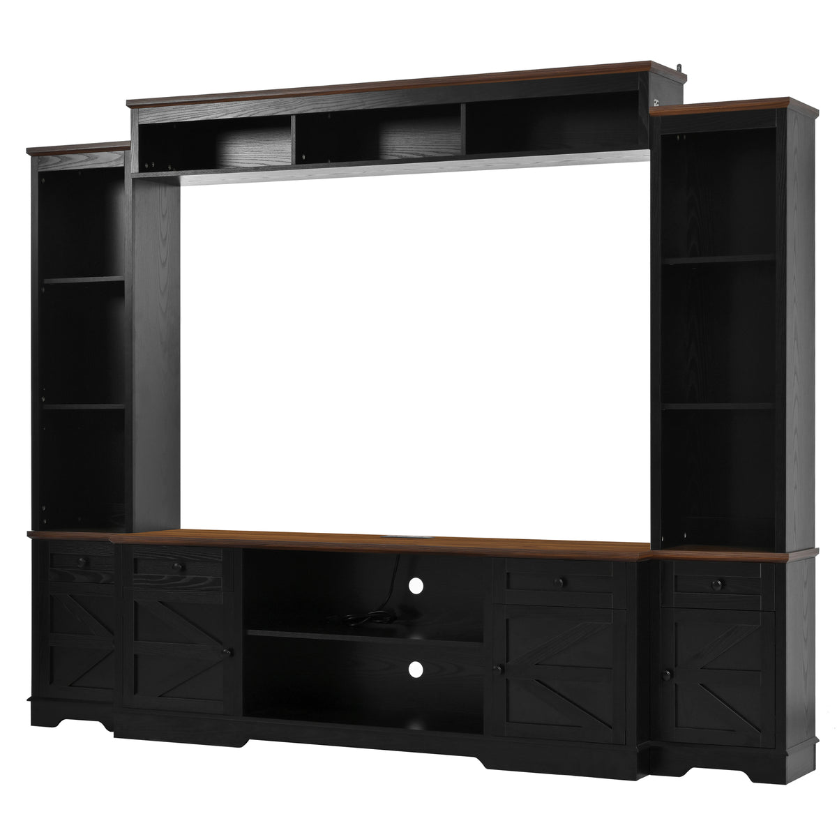 variant-group:rf-n724sj000154aab|Roomfitters 98.8"W Farmhouse Wall Unit Entertainment Center, 4 Barn Doors, Black & Brown