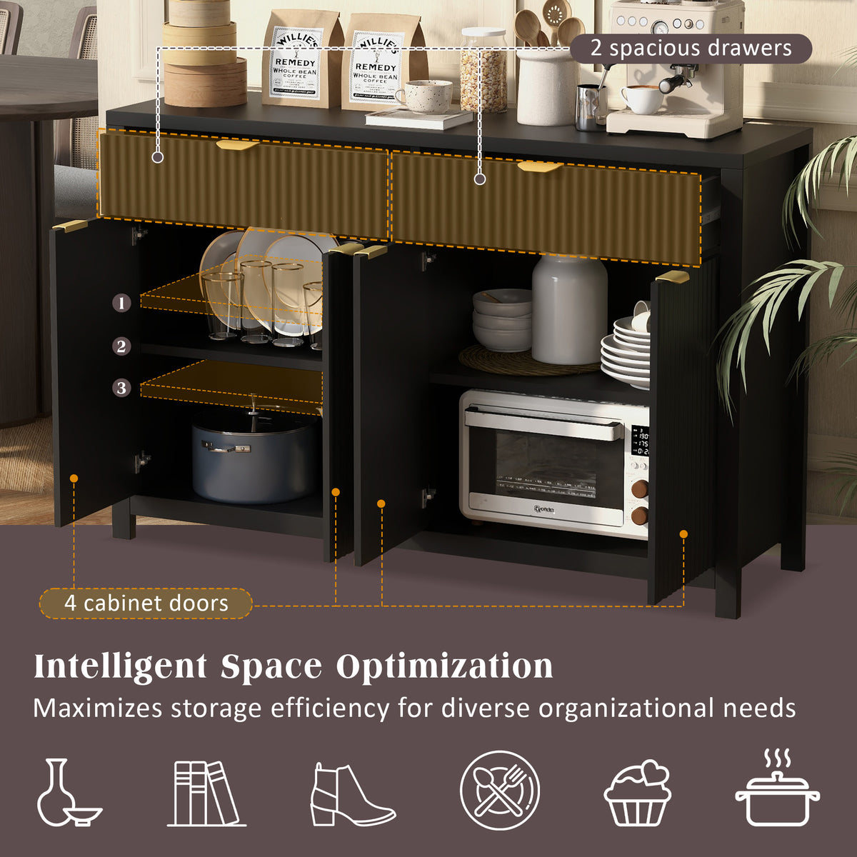 variant-group:rf-n711p269068b|Roomfitters Modern Sideboard Cabinet, Wave Pattern Storage Buffet with Adjustable Shelves, Accent Console, Black