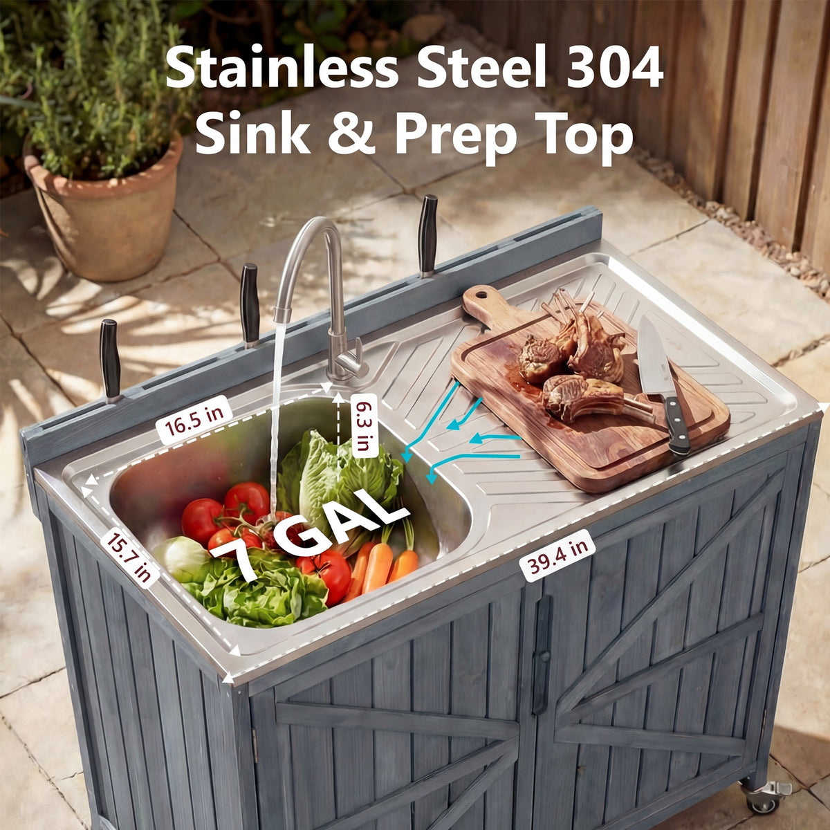 variant-group:rf-n707p370281g|Roomfitters 39.4" Outdoor Grill Cart with Stainless Steel Top, Prep Station with Sink and Storage Cabinet, Grey+Blue