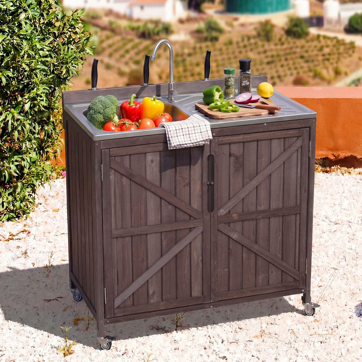 variant-group:rf-n707p370281z|Roomfitters 39.4" Outdoor Grill Cart with Stainless Steel Top, Prep Station with Sink and Storage Cabinet, Dark Brown