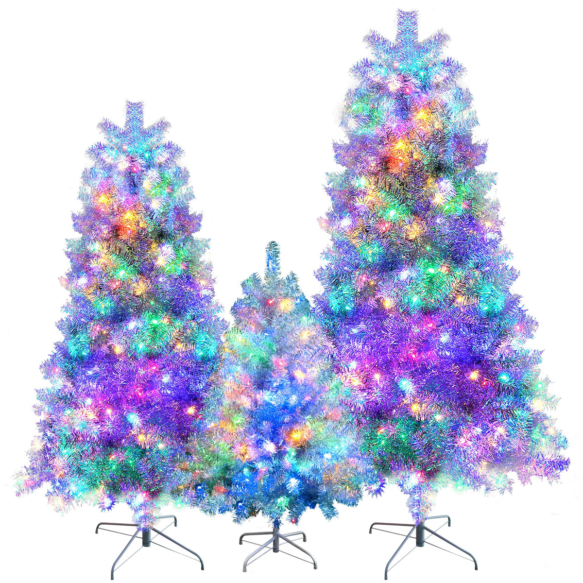 Roomfitters Pre-Lit Artificial Christmas Tree Set 4FT 6FT 7.4FT, Holiday Trees with Metal Stands, Warm Lights, 2400 Tips, Silver Roomfitters