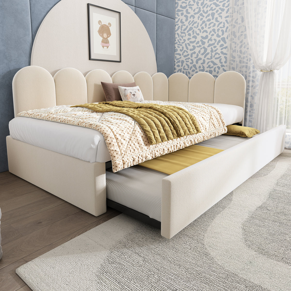 variant-group:rf-n736aa20362122b|Roomfitters Velvet Upholstered Twin Daybed with Pull Out Trundle, Sofa Bed with Metal Slat Frame, Beige