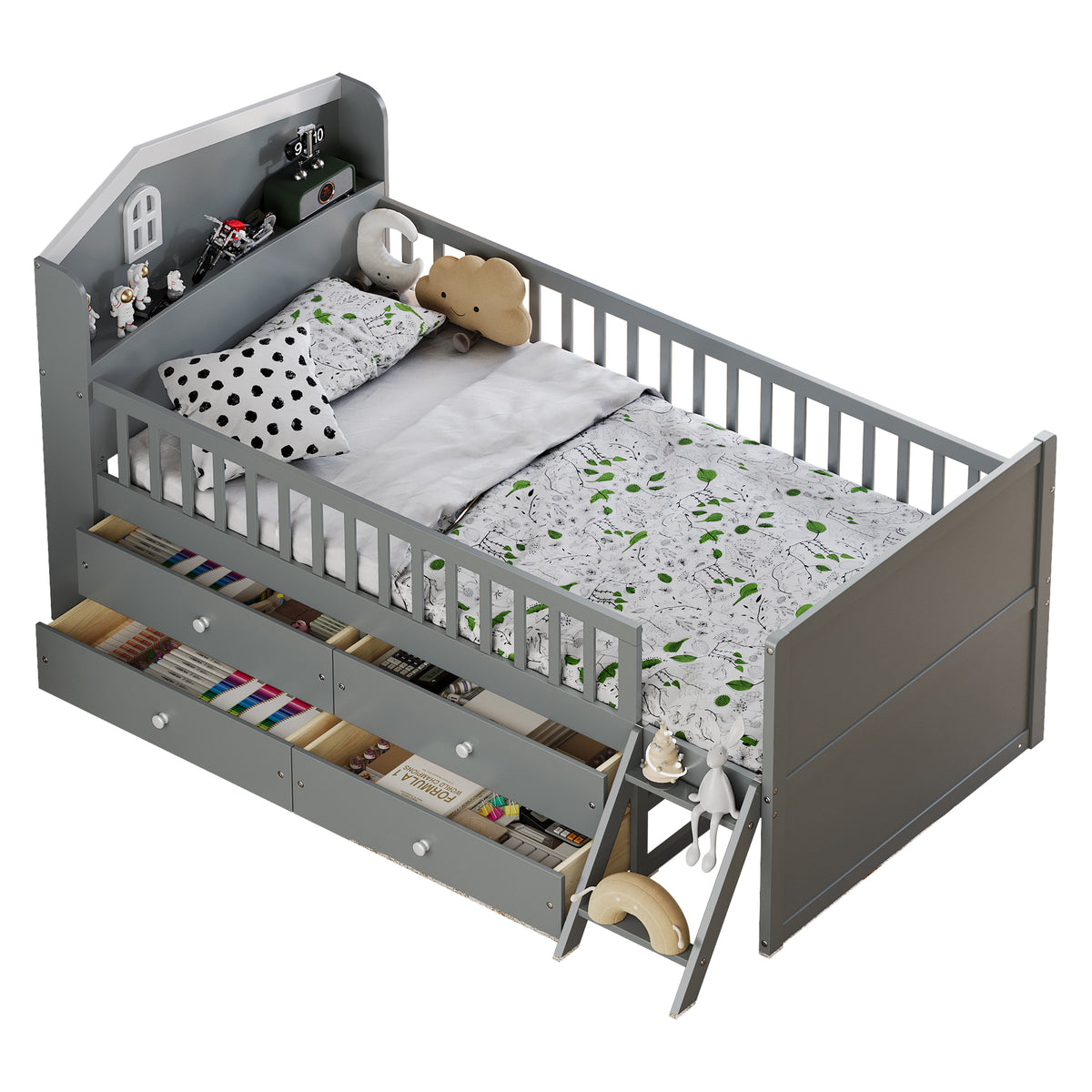 variant-group:rf-n733s278032e|Roomfitters Twin Platform Bed Frame with Four Drawers, Wooden Kids Bed with Guardrail Headboard and Ladder, Gray