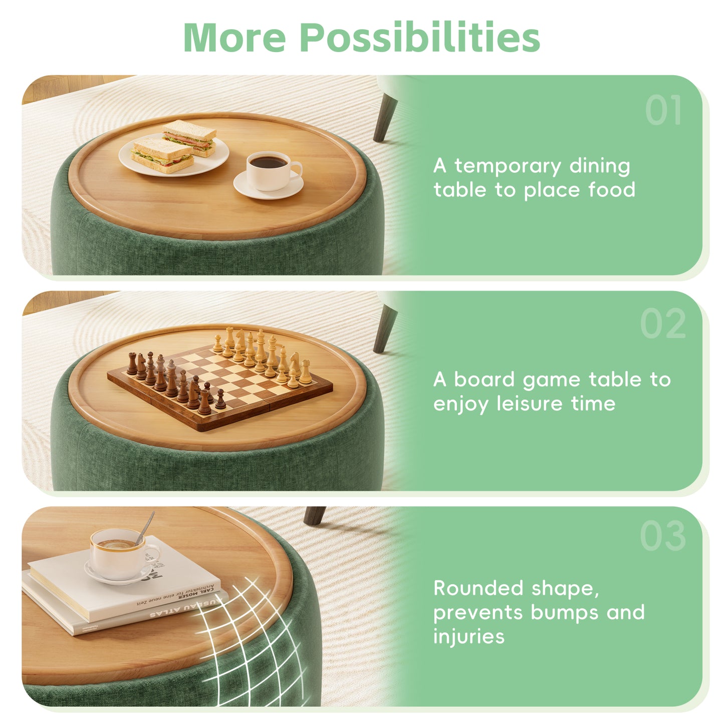 variant-group:rf-n723p405304g|Roomfitters 29 Inch Round Storage Ottoman with Reversible Wooden Tray Top, Upholstered Coffee Table for Living Room, Green