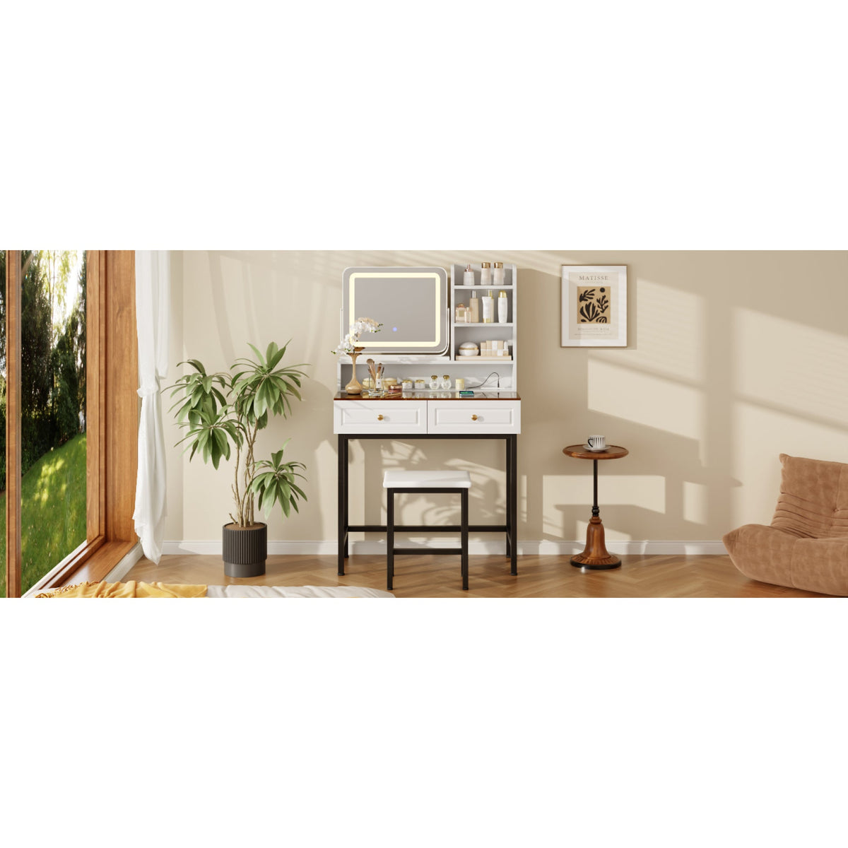 Roomfitters Makeup Vanity with LED Lighted Mirror, Glass Top, Charging Station and Storage Hutch, Vanity Table Set, Black+White Roomfitters