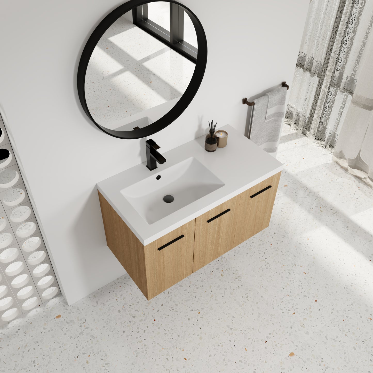 36" Wall-Mounted Floating Bathroom Vanity with Sink, Light Oak, 3-Door Modular Cabinet (2-Door + 1-Door), Gel Coat Integrated Sink Top, 3 Boxes, Ready-to-Assemble