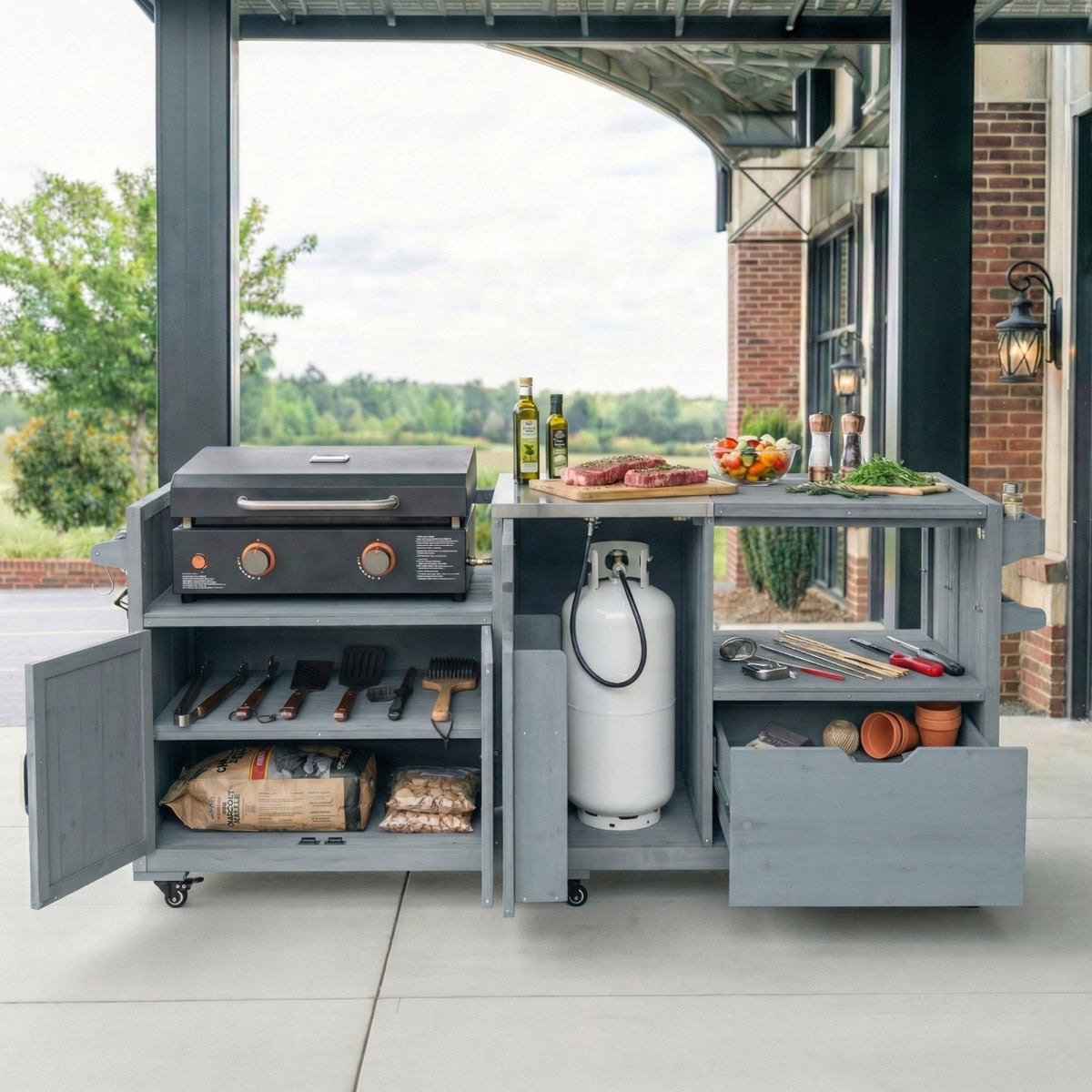 variant-group:rf-n707p392140g|Roomfitters 80.5" Extra Large Grill Cart, Outdoor Kitchen Prep Station with Stainless Steel Top & Kamado Grill Stand, Grey+Blue
