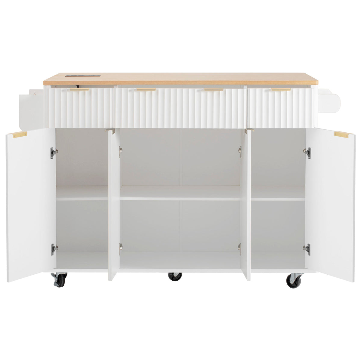 Roomfitters 55.5" Kitchen Island with Power Outlet and Drop Leaf, Rolling Storage Cabinet with Fluted Door Design, White