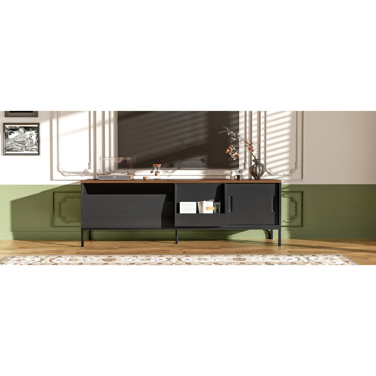 variant-group:rf-n724p360370b|Roomfitters Mid-Century Modern 70" TV Stand Console with Sliding Doors, Black