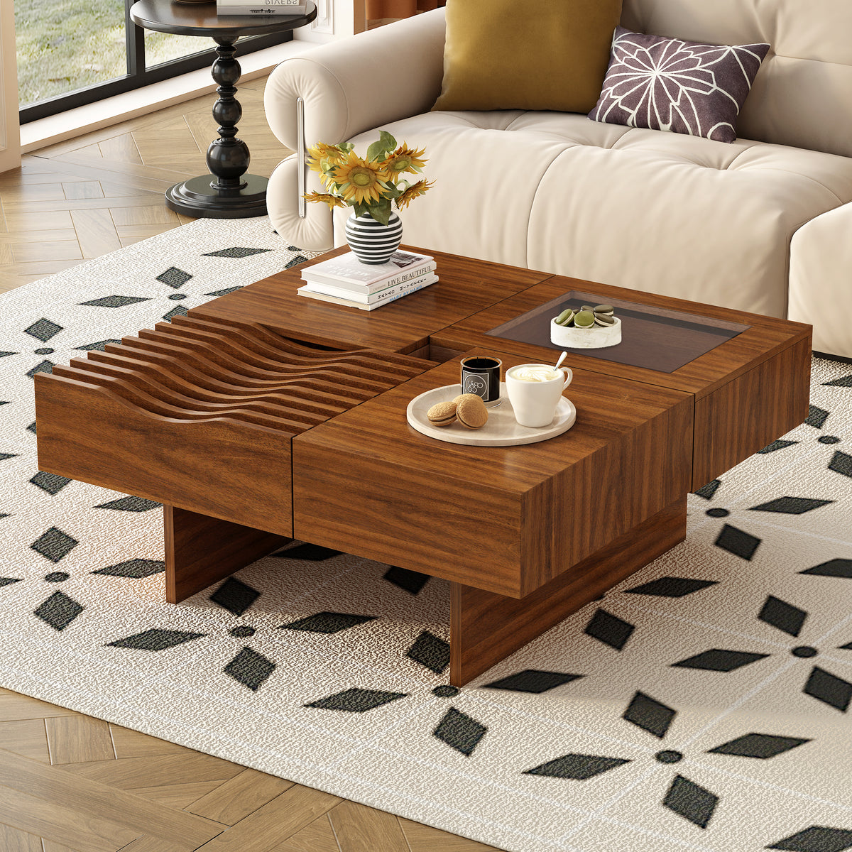 variant-group:rf-n724p270432d|Roomfitters Square Mid-Century Coffee Table with Glass Top and 3 Storage Compartments, Solid Wood Legs, Brown