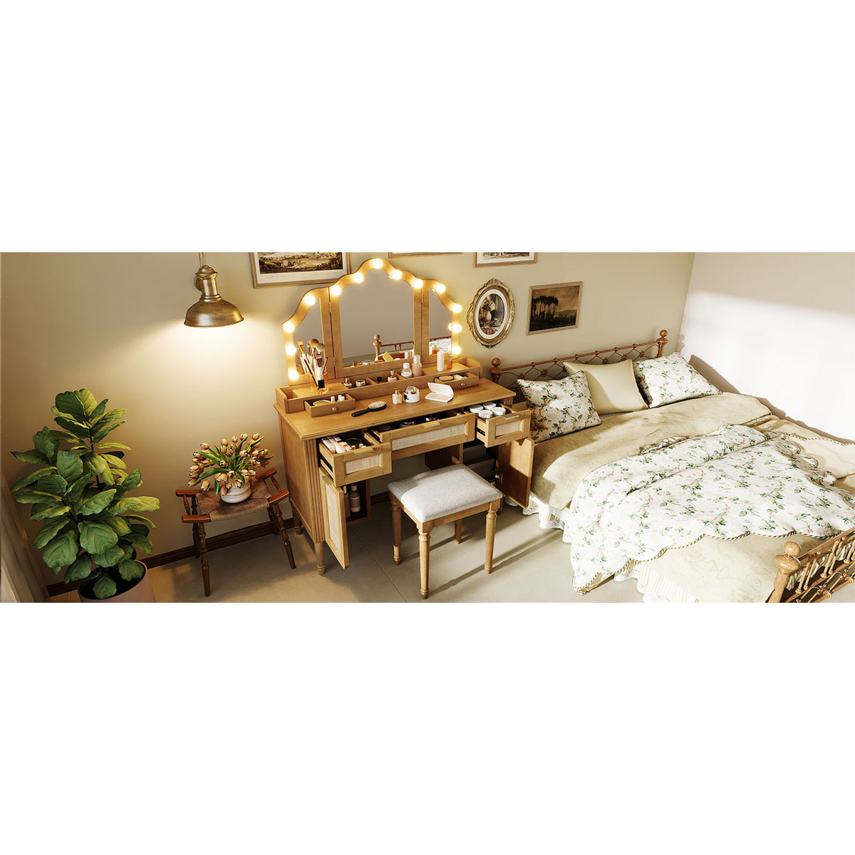 variant-group:rf-n704p342558n|Roomfitters 44-Inch Bohemian Makeup Vanity Desk with 13 Hollywood Bulbs Tri-Fold Mirror and Bamboo Drawers Natural