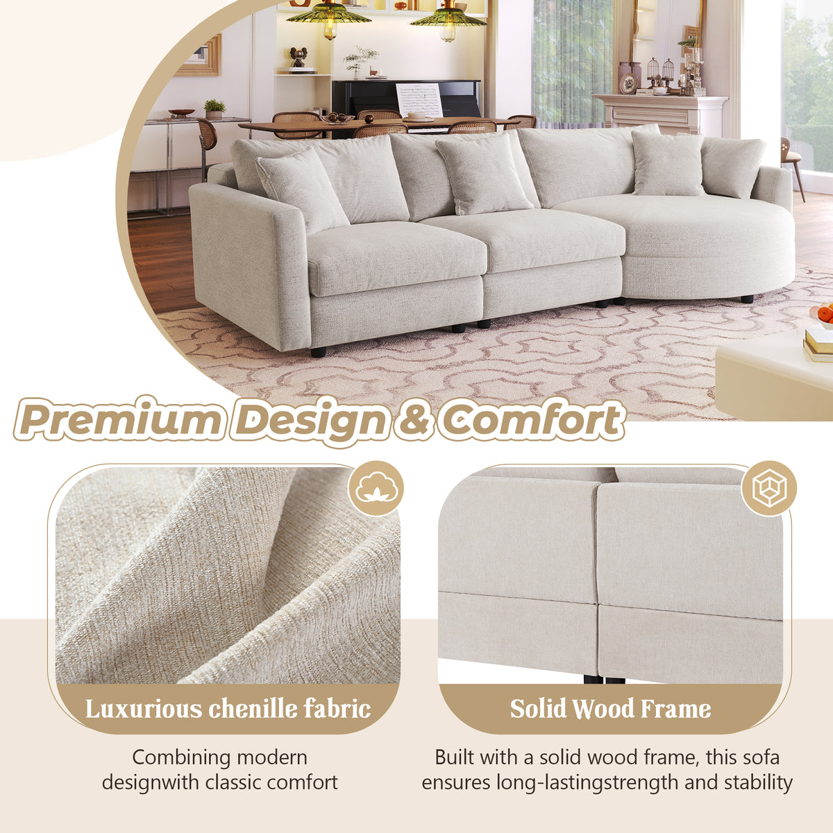 variant-group:rf-n711wy000461aaa|Roomfitters 107" Chenille Fabric 3-Piece Sectional Sofa, Modern Large L-Shaped Couch with Rounded Curved Chaise, Beige
