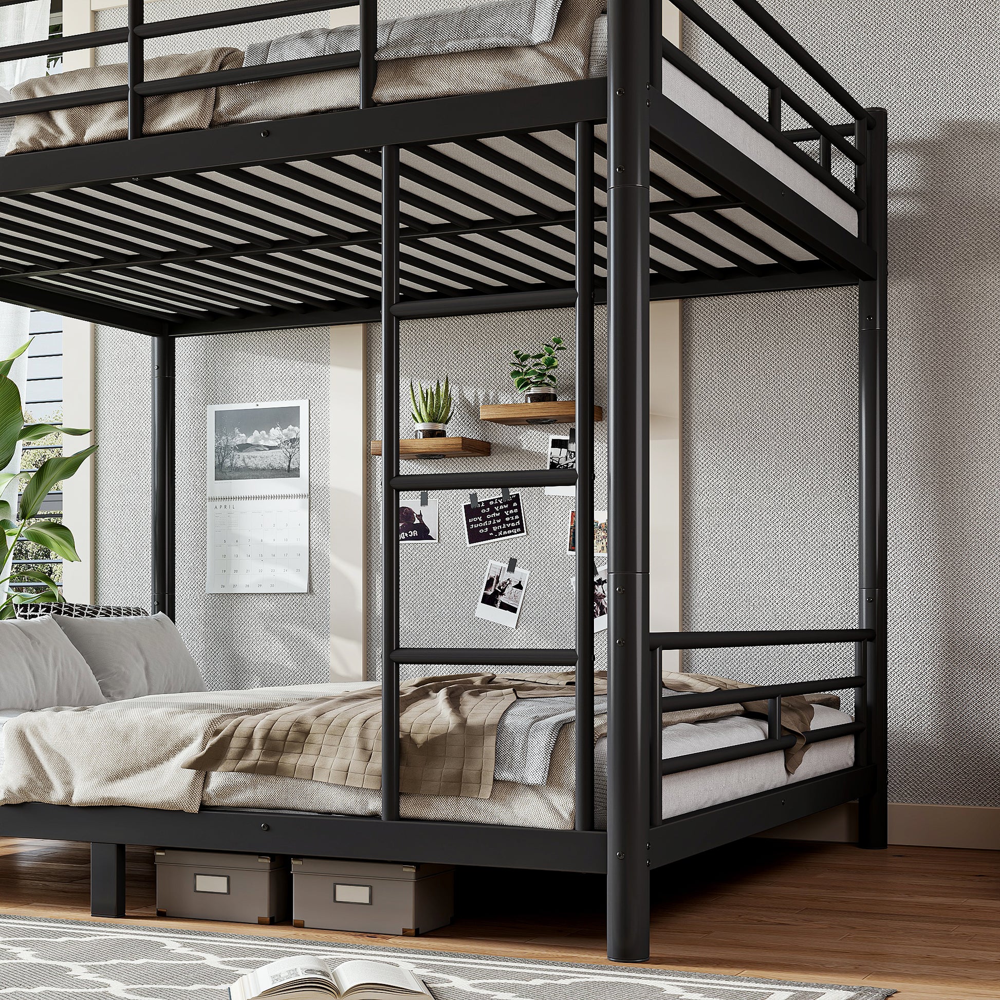 variant-group:rf-w1580s00607|Roomfitters Queen over Queen Metal Bunk Bed Frame for Teens Adults, Convertible 2 Separate Beds Round Tube, Black