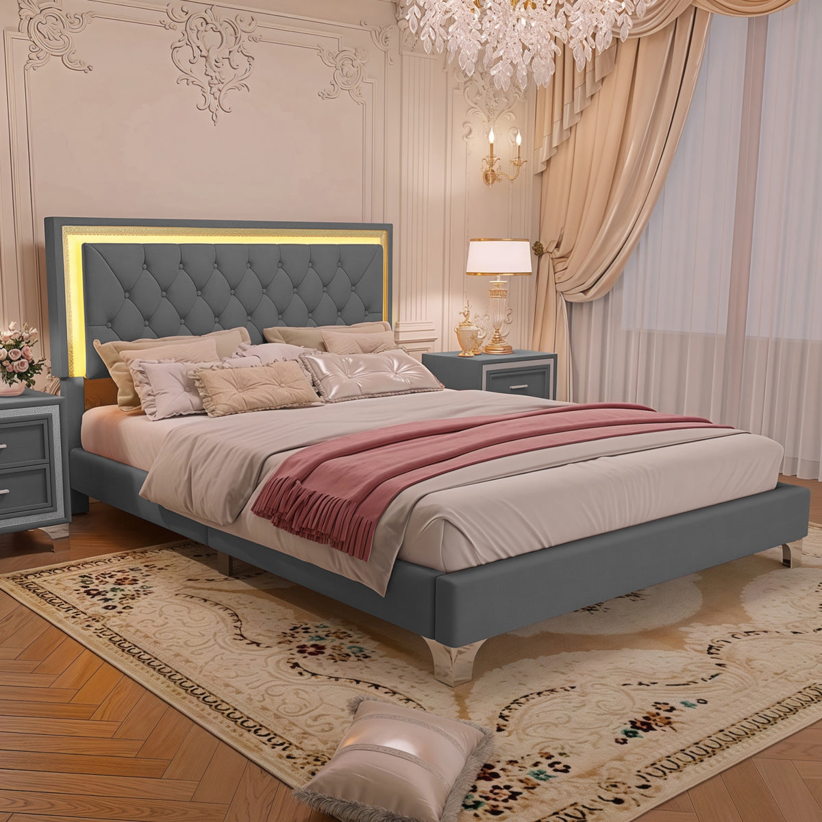 variant-group:rf-n733p183657e|Roomfitters Modern Velvet Queen Platform Bed with Tufted Headboard and Built-In Lighting, Gray