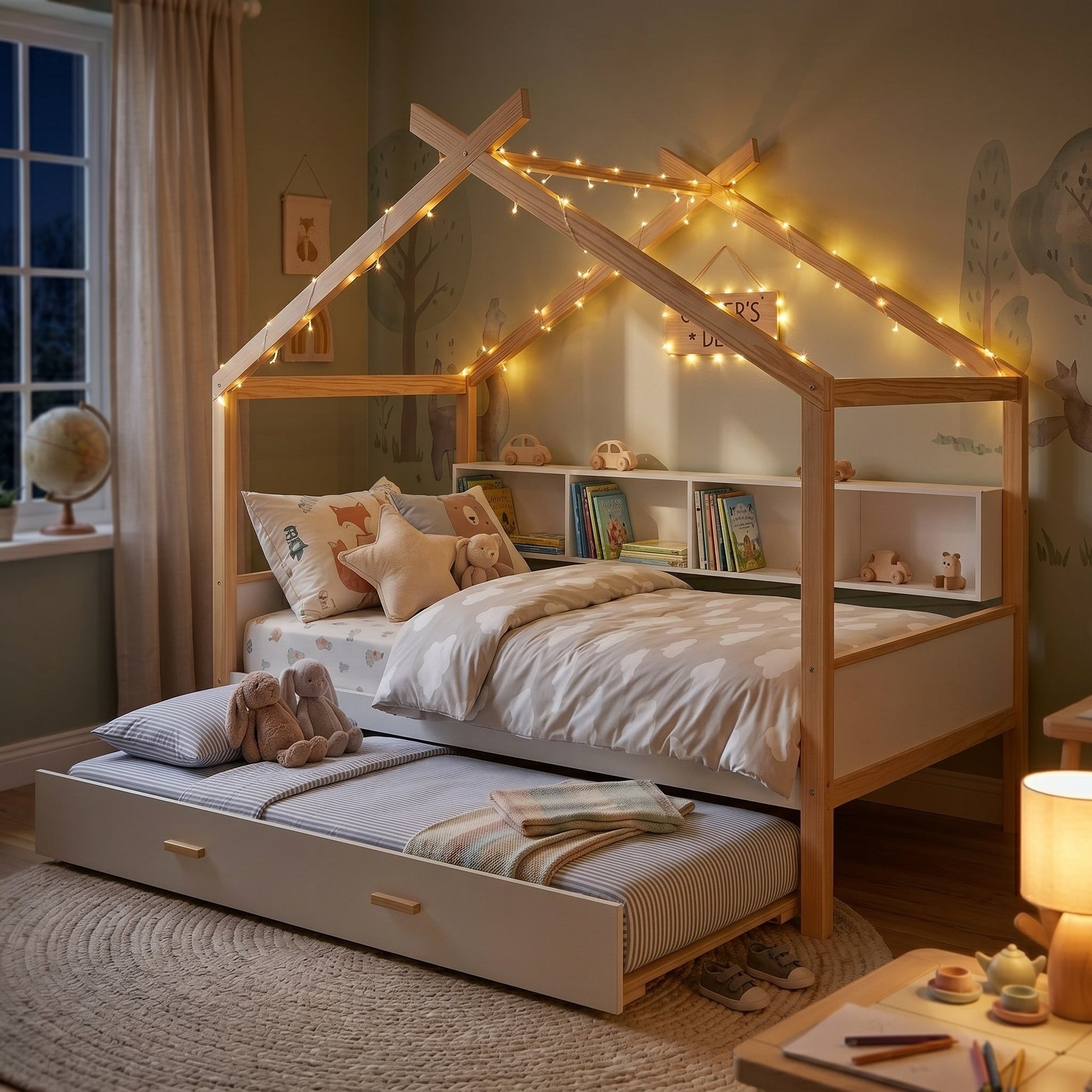 Roomfitters Twin Size Wooden House Bed Frame with Twin Trundle, Bookshelf Storage Furniture, No Box Spring, White Natural Roomfitters