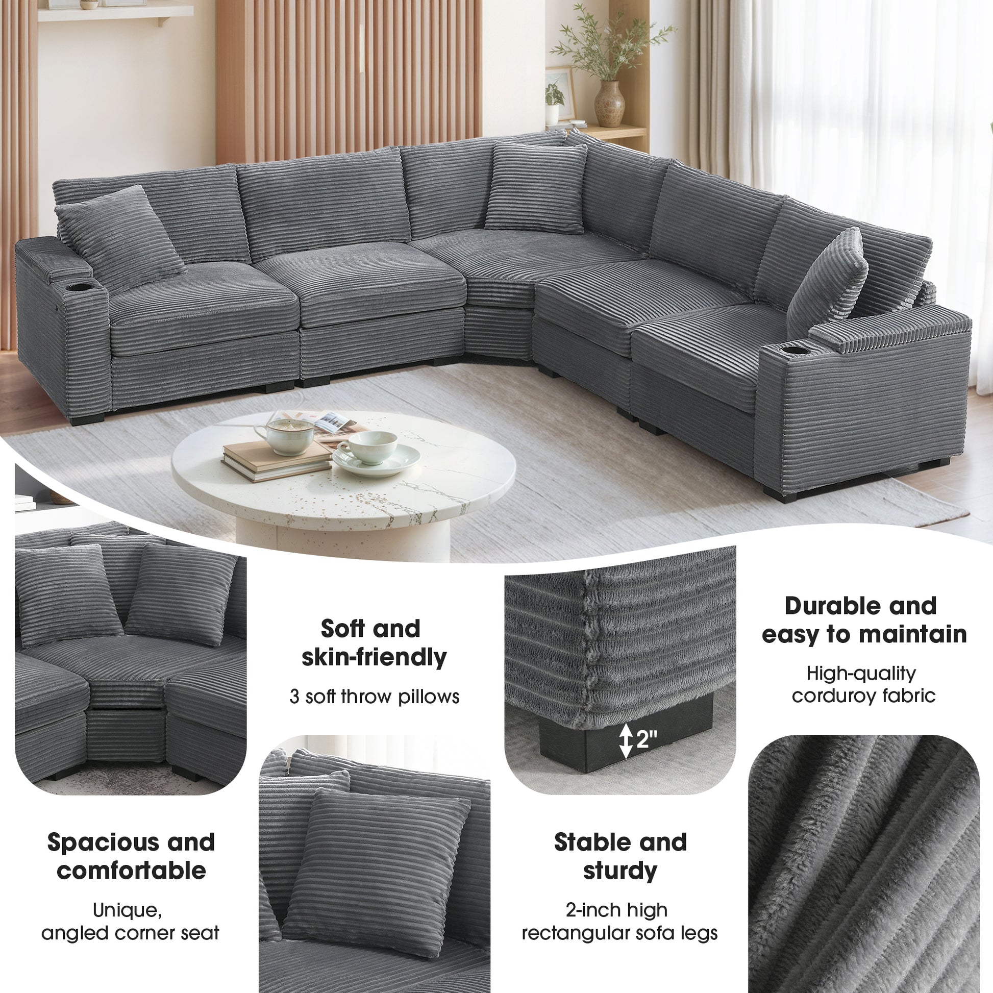 variant-group:rf-n723s1187e|Roomfitters 104 Inch Modern L-Shaped Sectional Sofa with Cup Holders, Comfortable Corduroy Upholstered Corner Couch, Gray