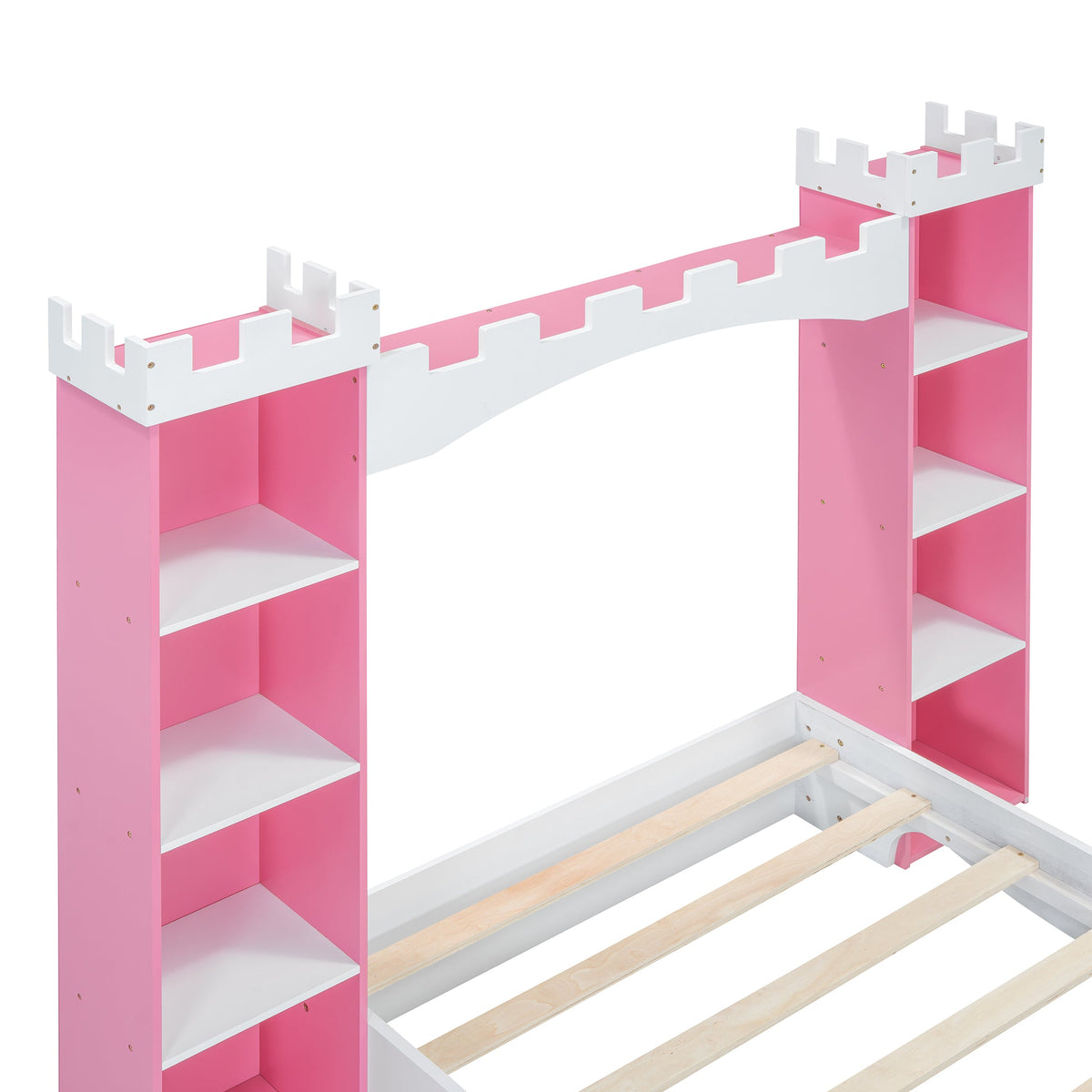 Roomfitters Castle-Shaped Wooden Bed with Storage Shelf, Dreamy Twin Size Platform Bed with Charming Aesthetic, White+Pink