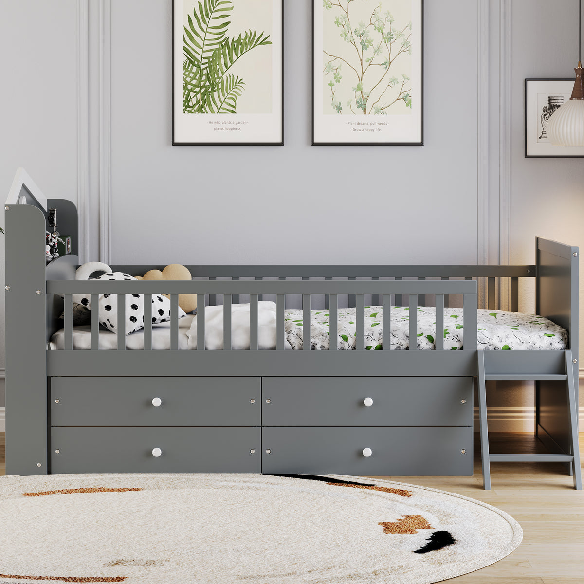 variant-group:rf-n733s278032e|Roomfitters Twin Platform Bed Frame with Four Drawers, Wooden Kids Bed with Guardrail Headboard and Ladder, Gray