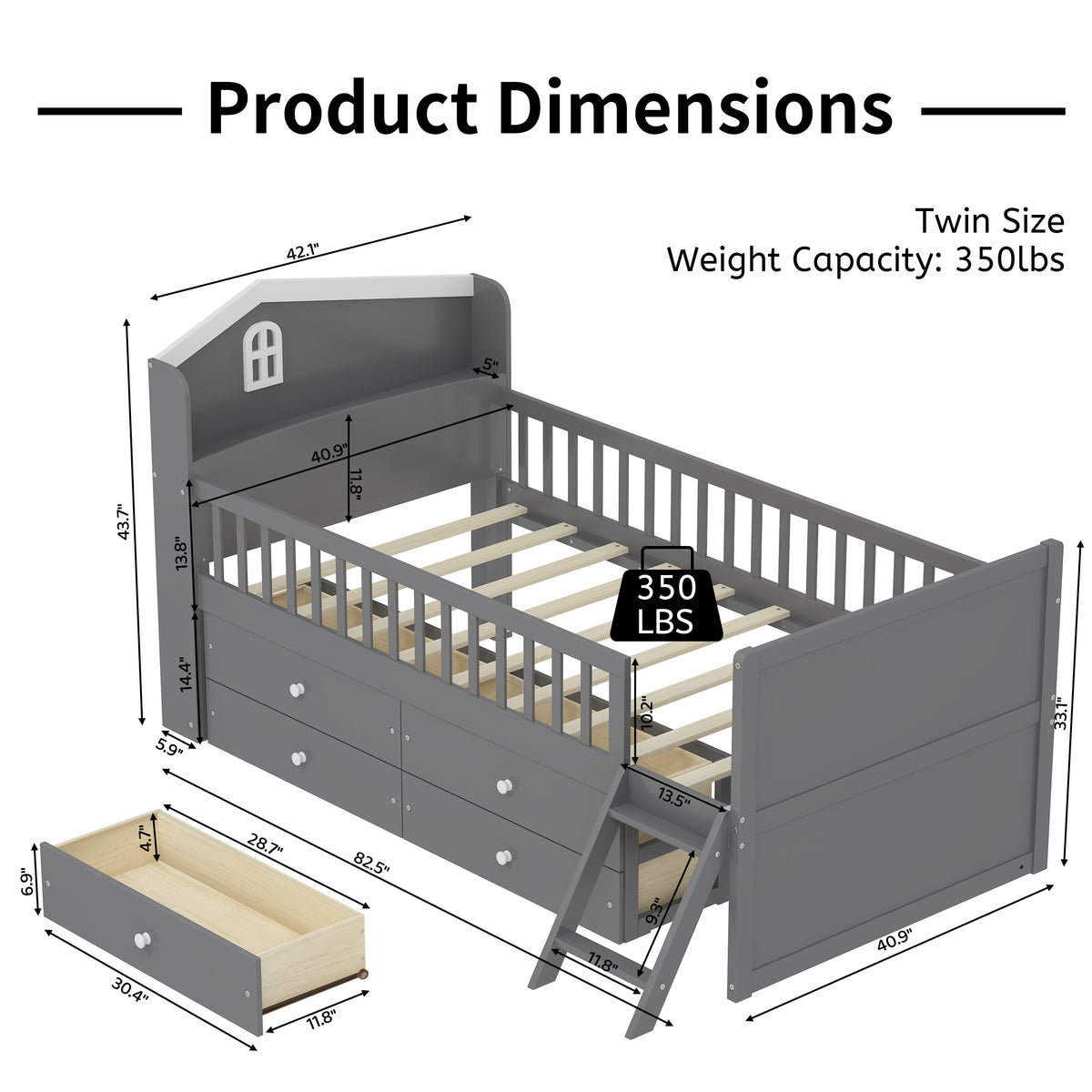 variant-group:rf-n733s278032e|Roomfitters Twin Platform Bed Frame with Four Drawers, Wooden Kids Bed with Guardrail Headboard and Ladder, Gray