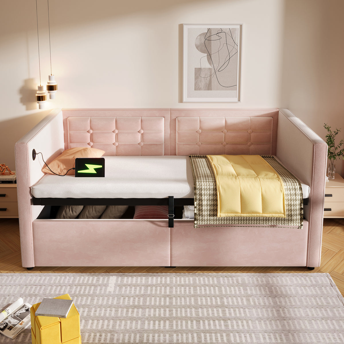 variant-group:rf-n736p303402p|Roomfitters Upholstered Twin Size Daybed with Storage, USB & Type-C Charging, Tufted Sofa Back, Velvet Pink