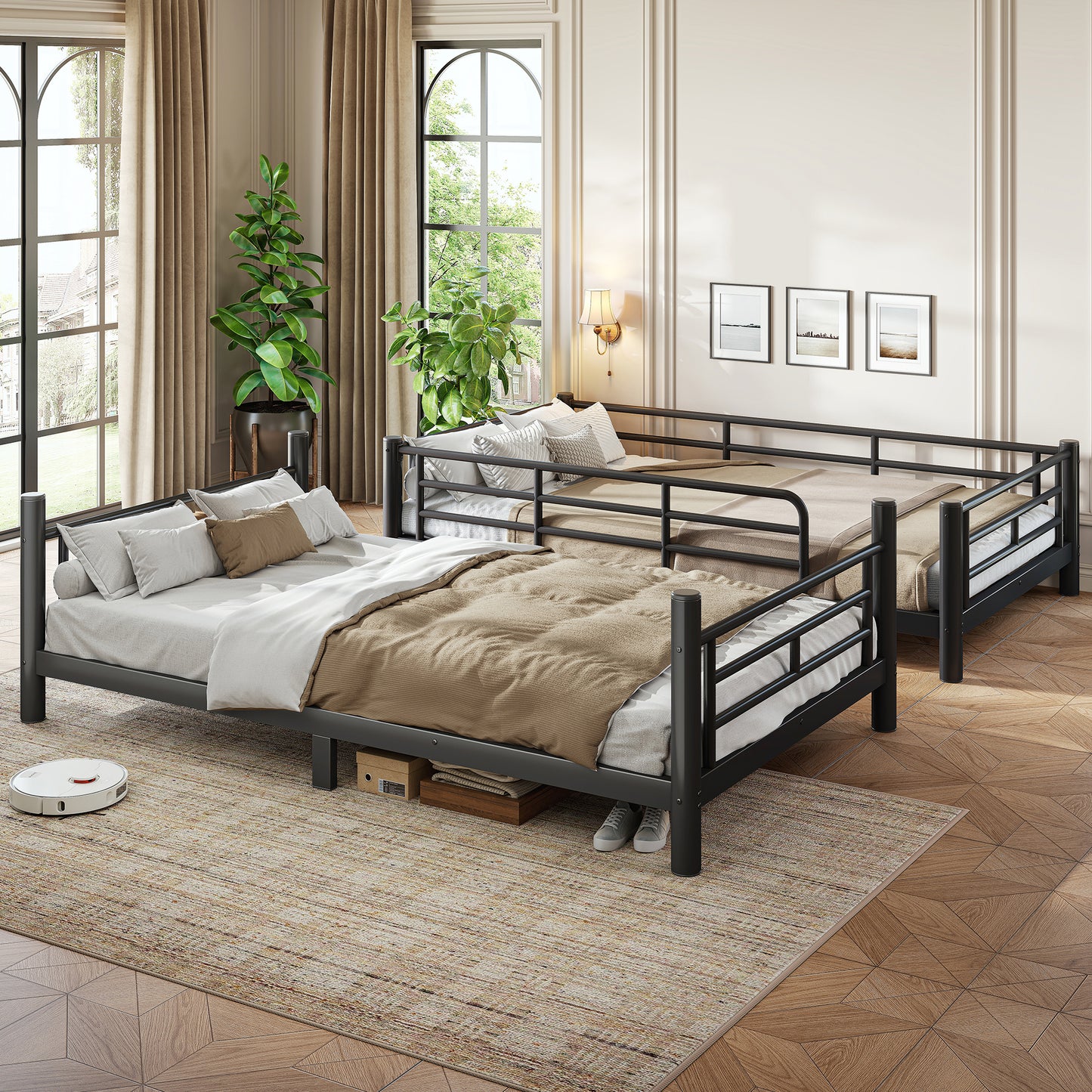 variant-group:rf-w1580p454721|Roomfitters Twin XL over Twin XL Metal Bunk Bed Frame for Teens Adults, Convertible 2 Separate Beds Round Tube, Black