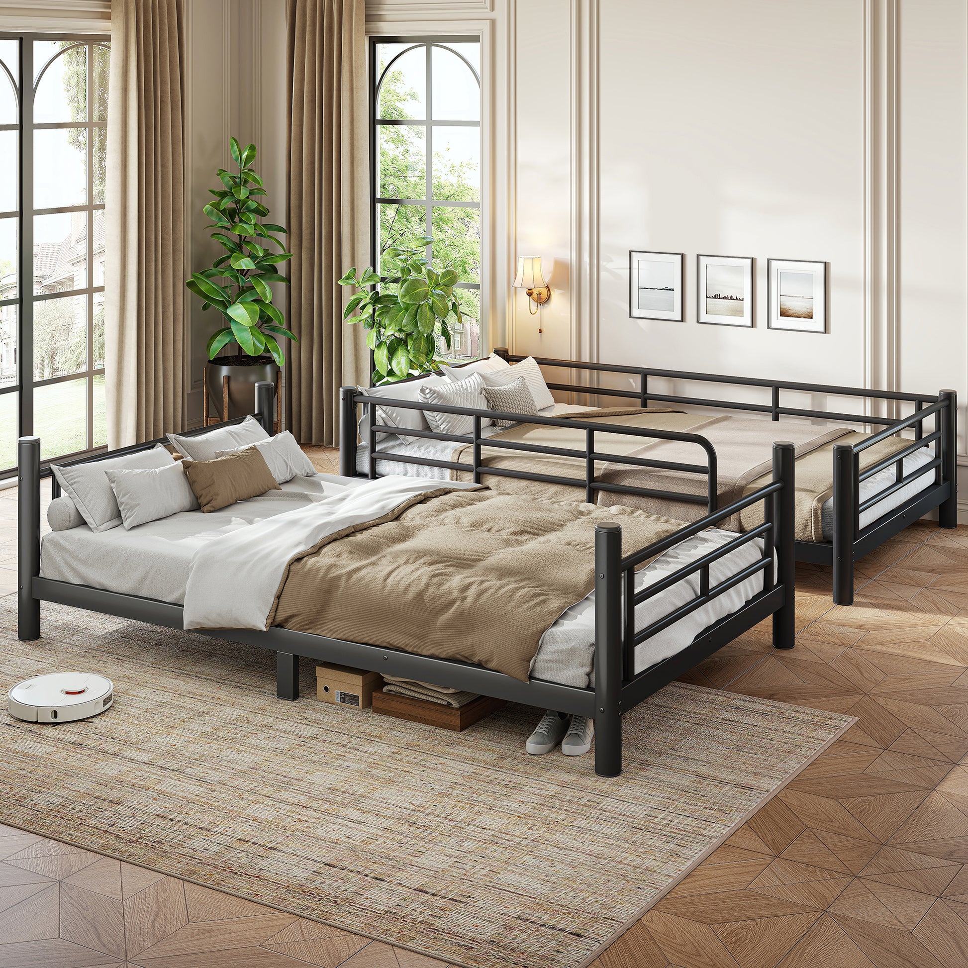 variant-group:rf-w1580p454721|Roomfitters Twin XL over Twin XL Metal Bunk Bed Frame for Teens Adults, Convertible 2 Separate Beds Round Tube, Black