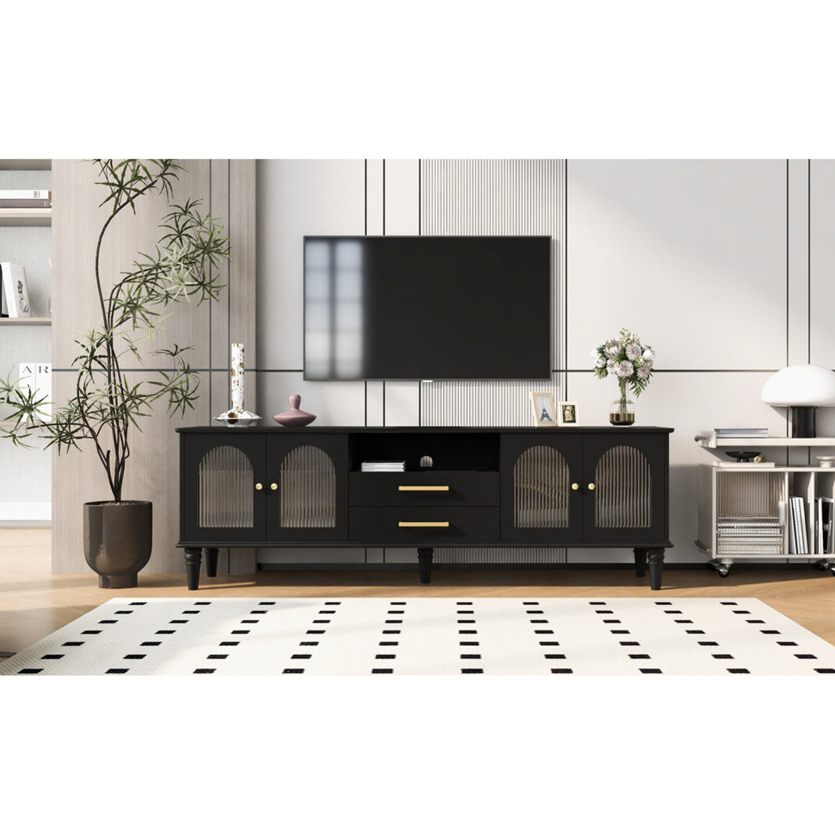 Roomfitters Retro TV Stand for up to 75 Inch TV, Fluted Glass Door Media Console with Five Wood Legs, Black Roomfitters
