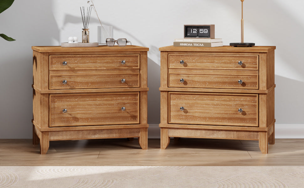 variant-group:rf-n701bs701p183796d|Roomfitters 3 Drawer Farmhouse Wood Nightstand Set of 2, Fully Assembled Bedside Accent Side Table, Felt Lined, Hazel