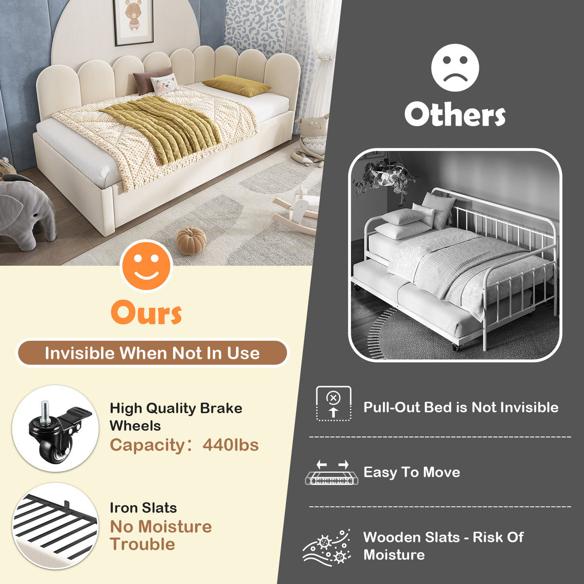 variant-group:rf-n736aa20362122b|Roomfitters Velvet Upholstered Twin Daybed with Pull Out Trundle, Sofa Bed with Metal Slat Frame, Beige