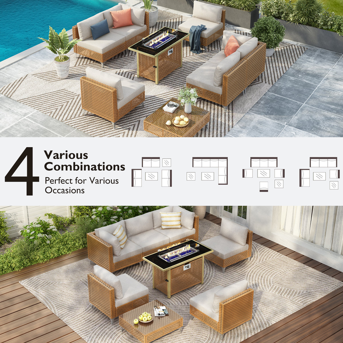 variant-group:rf-n707s000012z|Roomfitters 8-Piece Patio Furniture Set with 43" Fire Pit Table, Outdoor Conversation Set with Thick Cushions, Beige